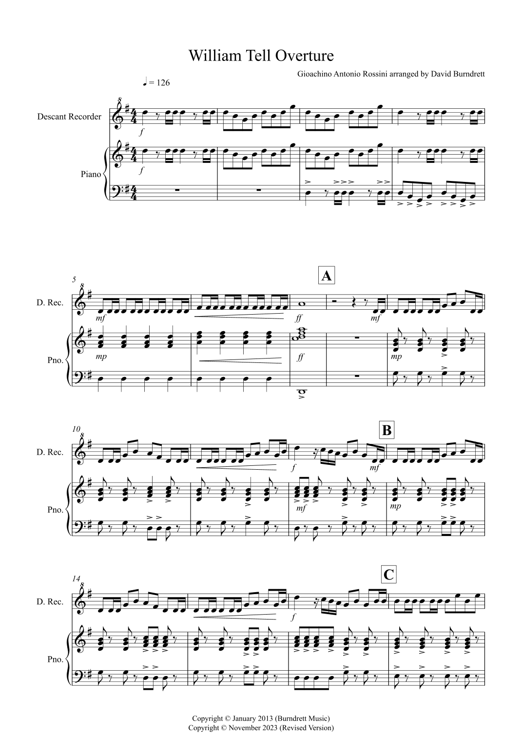 William Tell Overture for Descant Recorder and Piano (arr. David Burndrett)