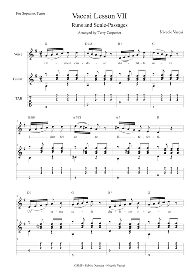 Vaccai- Lesson 7 Runs and scale passages, for soprano, tenor voice & guitar (arr. Terry Carpenter)