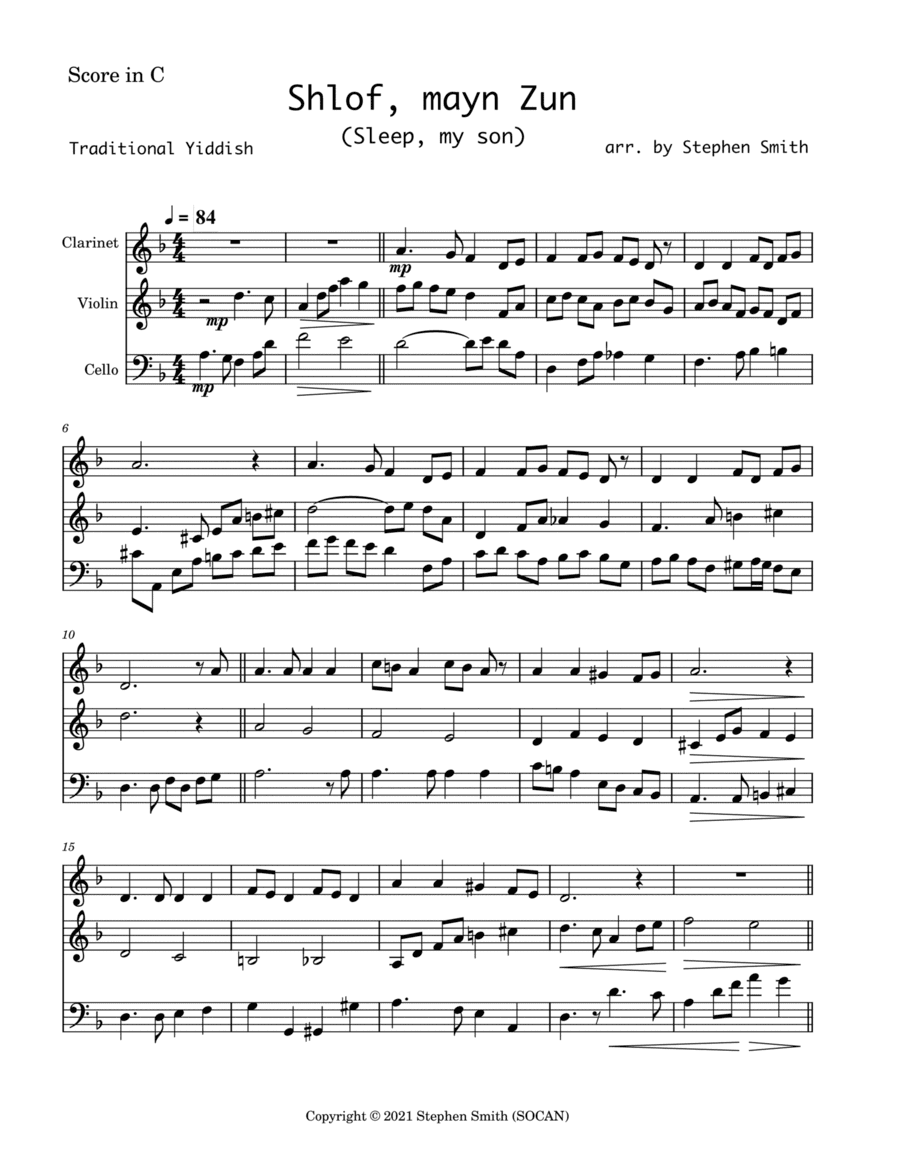Shlof, mayn Zun (Instrumental) (arr. Stephen Smith)