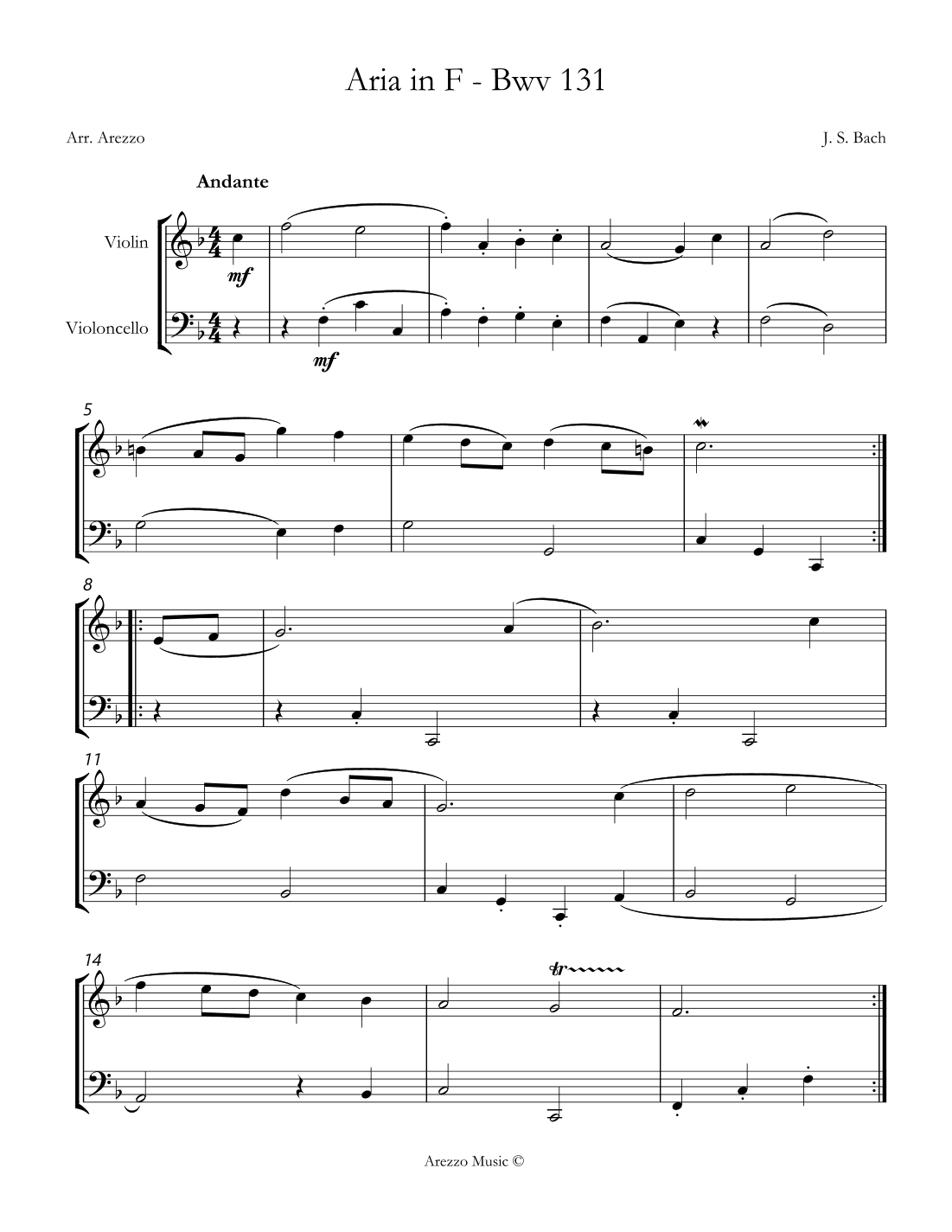 bach gavotte in f bwv anh.131 violin and cello sheet music (arr. Arezzo Music)