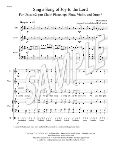 Sing a Song of Joy to the Lord (Unison or 2-part Choir, Piano, Flute, Violin, Drum)