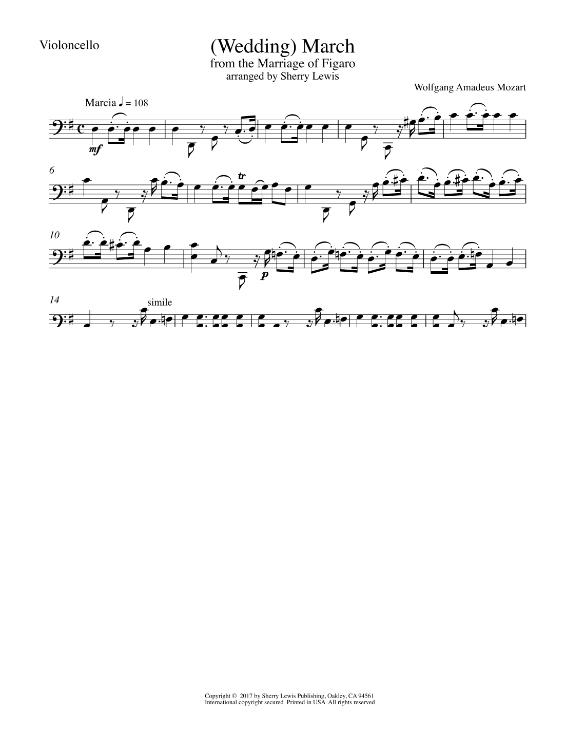 March from the Marriage of Figaro (Bridal March) for CELLO SOLO (arr. Sherry Lewis)