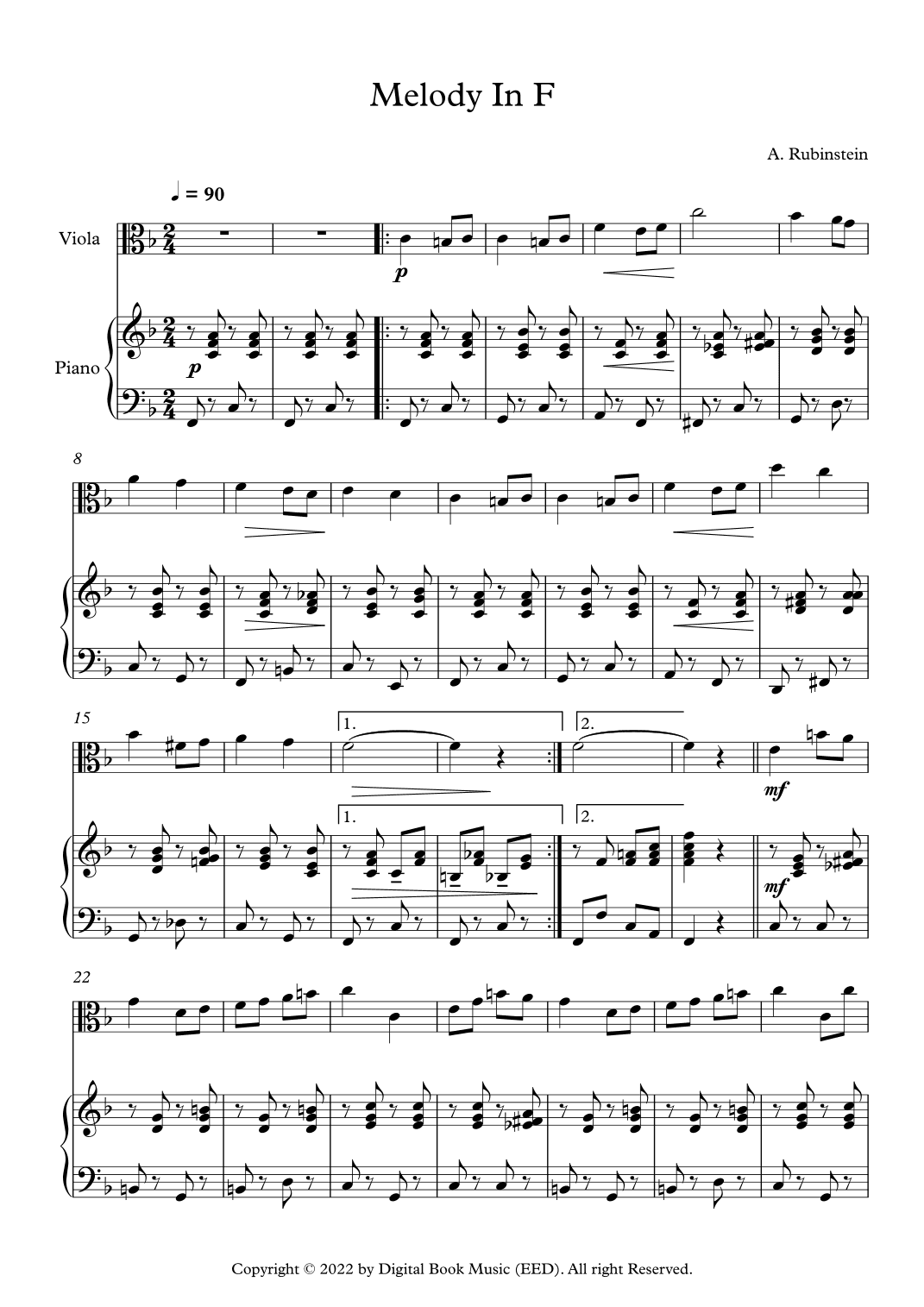 Melody In F - Anton Rubinstein (Viola + Piano) (arr. Digital Book Music)