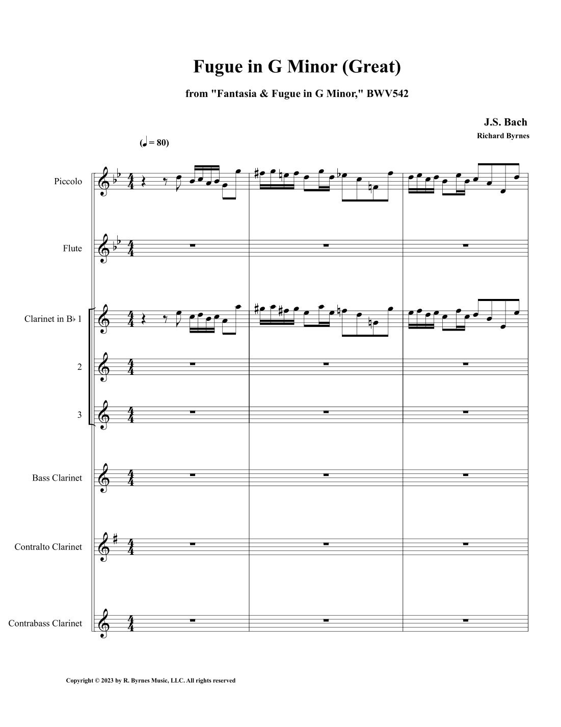 Fugue in G Minor, BWV 542 (Great) (Clarinet Sextet + Piccolo & Flute) (arr. Richard Byrnes)
