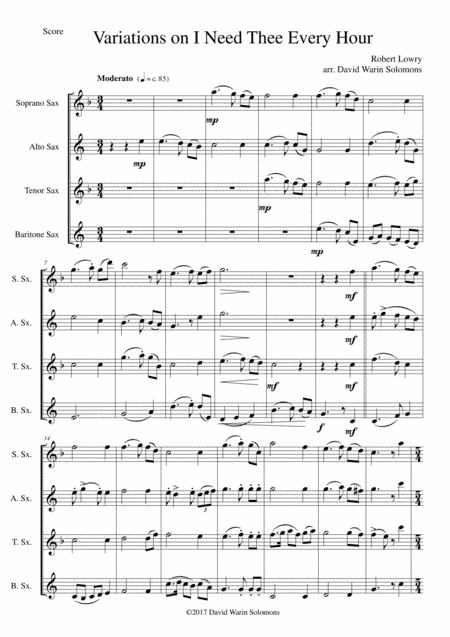 Variations on I Need Thee Every Hour for Saxophone quartet (arr. David Warin Solomons)