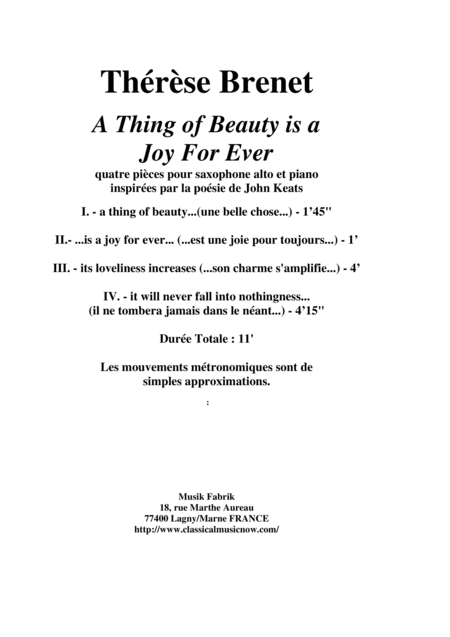Thérèse Brenet : A Thing of Beauty Is A Joy Forever for alto saxophone and piano