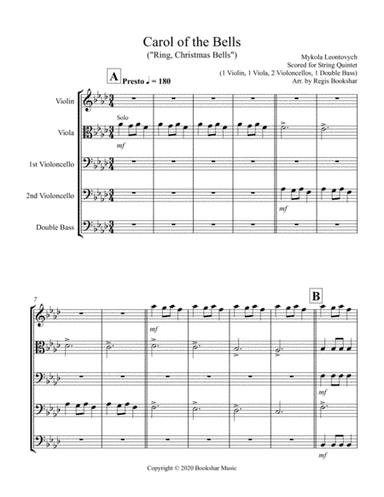 Carol of the Bells (F min) (String Quintet - 1 Violin, 1 Viola, 2 Cello, 1 Bass) (arr. Regis Bookshar)