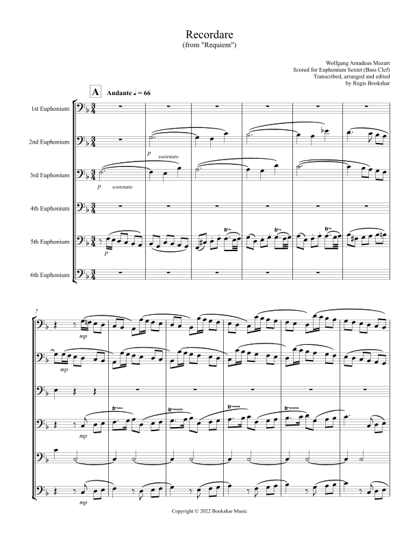 Recordare (from "Requiem") (F) (Euphonium Sextet - Bass Clef) (arr. Regis Bookshar)