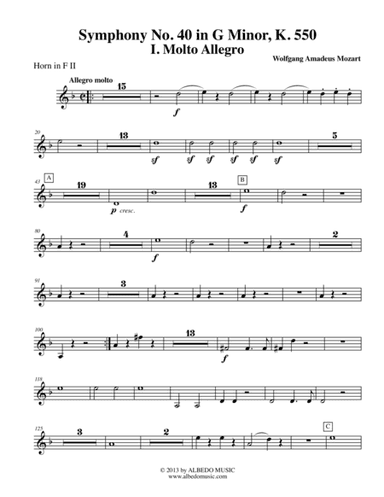 Mozart Symphony No. 40, Movement I - Horn in F 2 (Transposed Part), K. 550 (arr. Doug Clyde)