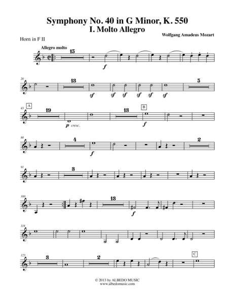 Mozart Symphony No. 40, Movement I - Horn in F 2 (Transposed Part), K. 550 (arr. Doug Clyde)
