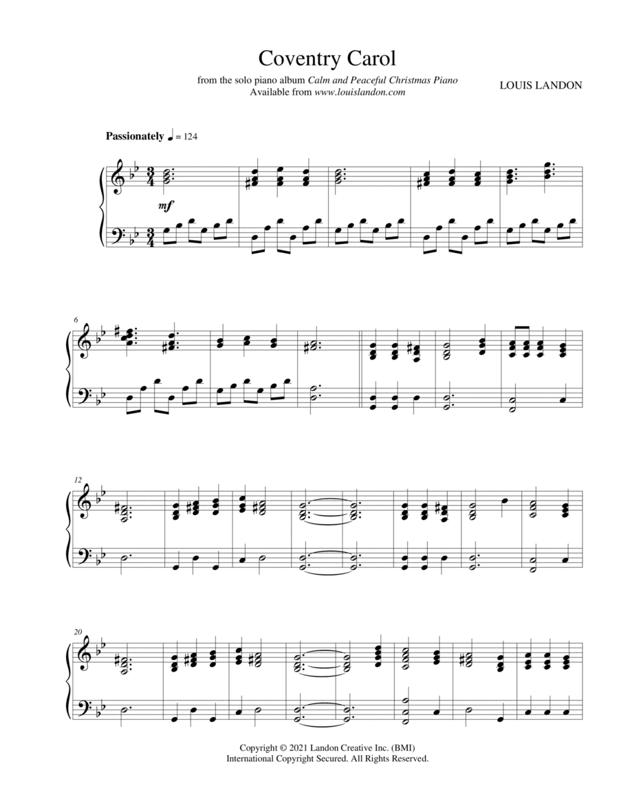 Coventry Carol - Traditional Christmas - Louis Landon - Solo Piano (arr. Louis Landon)