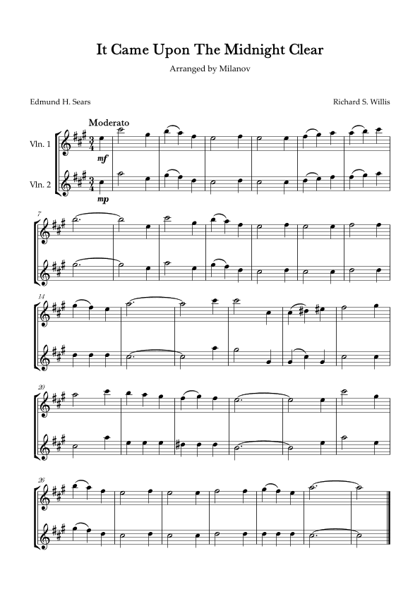 It Came Upon The Midnight Clear Violin Duet in A Melody and accompaniment Easy Intermediate (arr. Milanov)