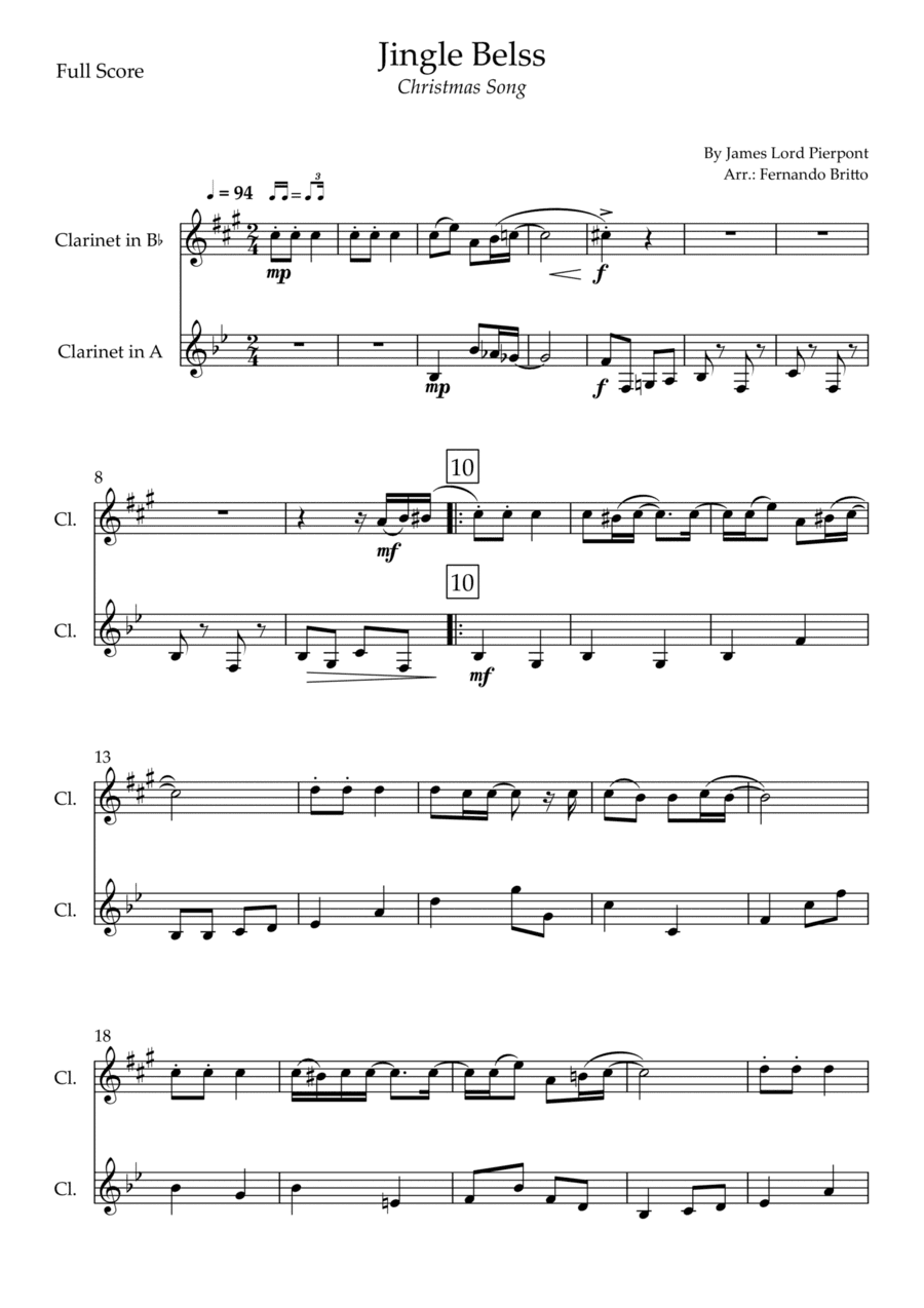 Jingle Bells - Jazz Version (Christmas Song) for Clarinet in Bb & Clarinet in A Duo (arr. Fernando Britto)