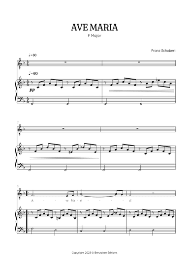 Schubert Ave Maria in F Major • tenor sheet music with easy piano accompaniment (arr. Benzaiten Editions)