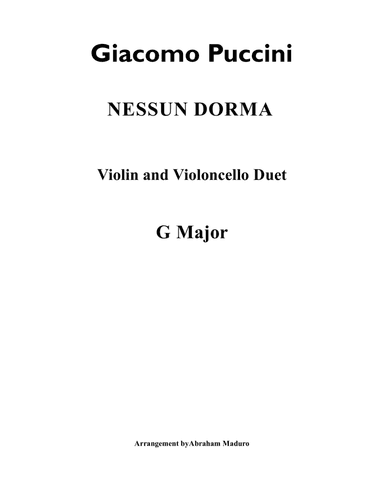Nessun Dorma Violin and Cello Duet-Score and Parts (arr. Abraham Maduro)