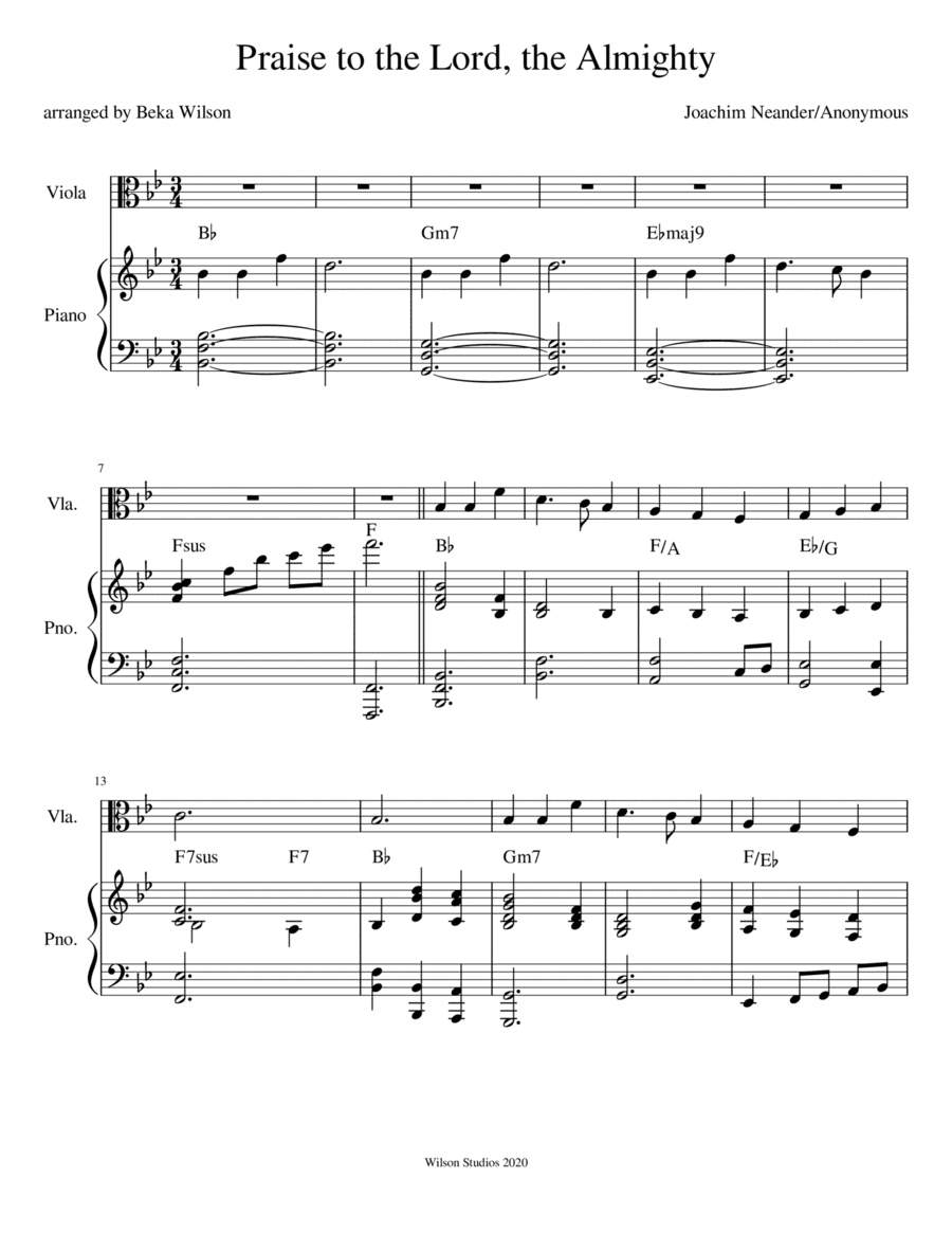 Praise to the Lord, the Almighty--advanced viola solo (arr. Beka Wilson)