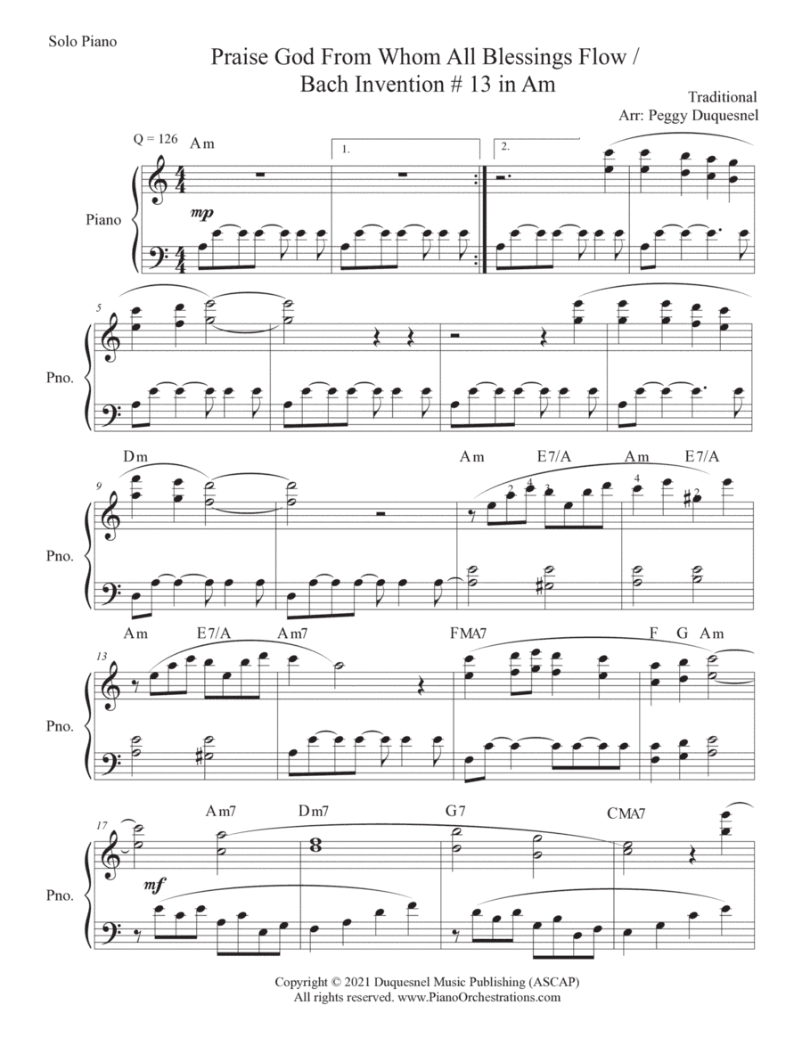 Praise God From Whom All Blessings Flow / Bach 2-part Invention #13 (Solo Piano) (arr. Peggy Duquesnel)