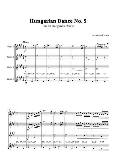 Hungarian Dance No. 5 by Brahms for Violin Quartet (arr. Rika K.)