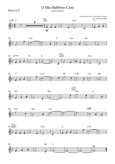 O Mio Babbino Caro (Puccini) for Horn in F Solo with Chords (arr. Fernando Britto)