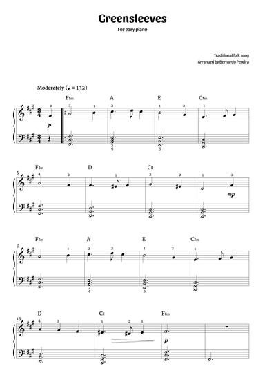Greensleeves (easy piano – F# minor) (arr. Bernardo Pereira)