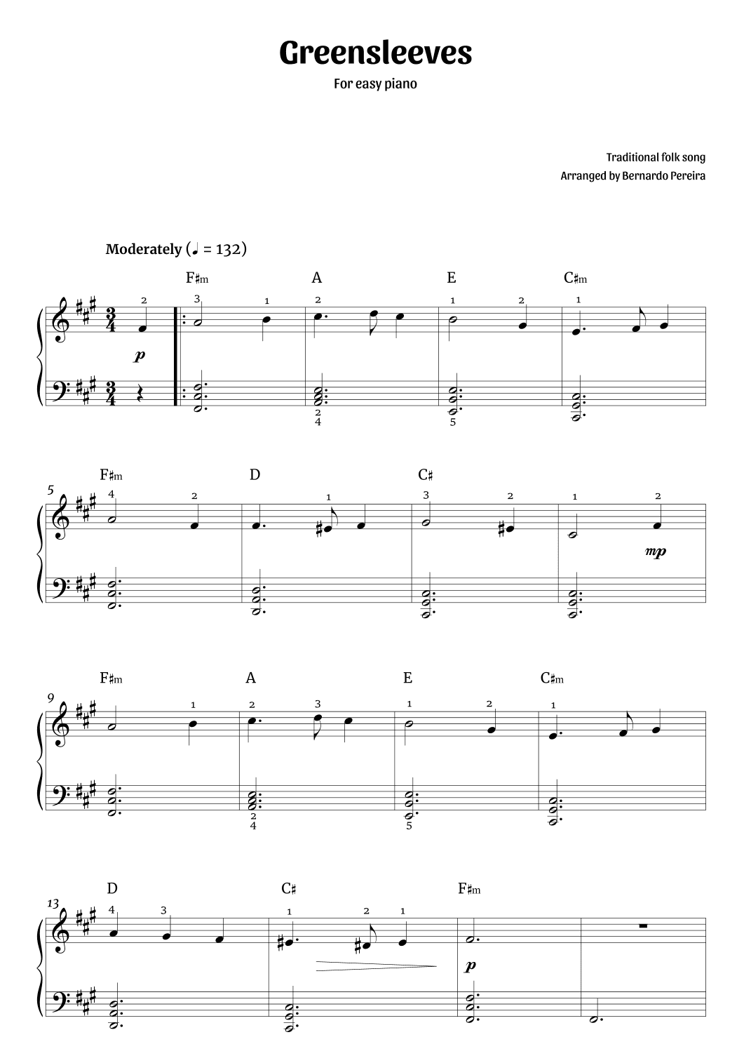 Greensleeves (easy piano – F# minor) (arr. Bernardo Pereira)