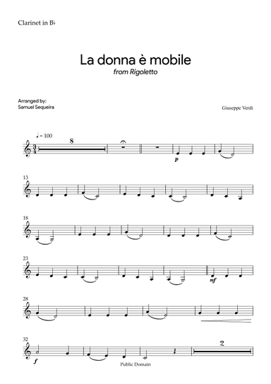La donna è mobile - for Clarinet Bb - with Play along (arr. Samuel Sequeira)