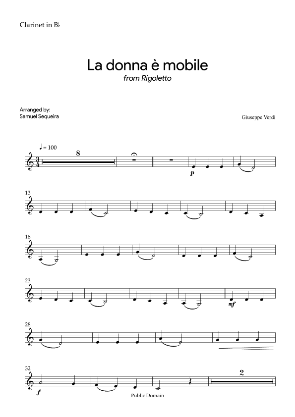La donna è mobile - for Clarinet Bb - with Play along (arr. Samuel Sequeira)