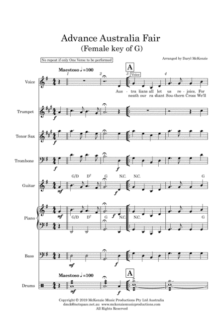 Advance Australia Fair (Australian National Anthem) 2 verses. Vocal or Instrumental 3 Horns & Rhythm (arr. Daryl McKenzie)