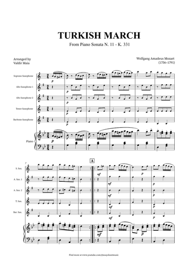 Turkish March - Saxophone Quintet and Piano (arr. Valdir Maia)