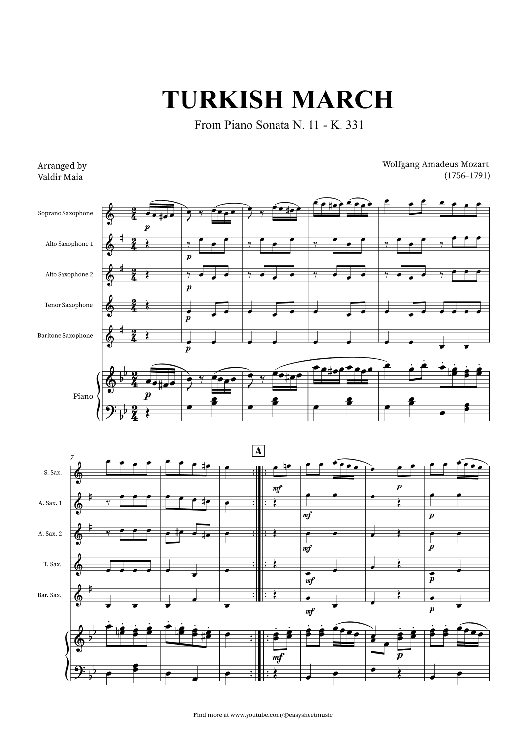 Turkish March - Saxophone Quintet and Piano (arr. Valdir Maia)