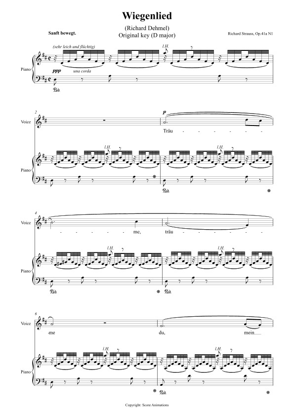 Wiegenlied Op 41 N1 in D major (Original key) (arr. Score Animations)