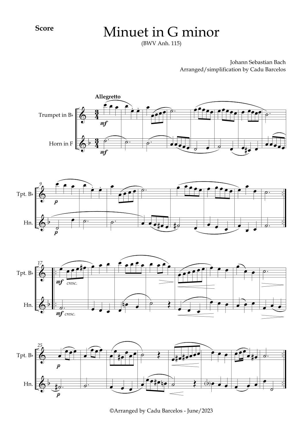 Minuet in G minor BWV anh 115 (Bach) Trumpet and Horn (arr. Cadu Barcelos)