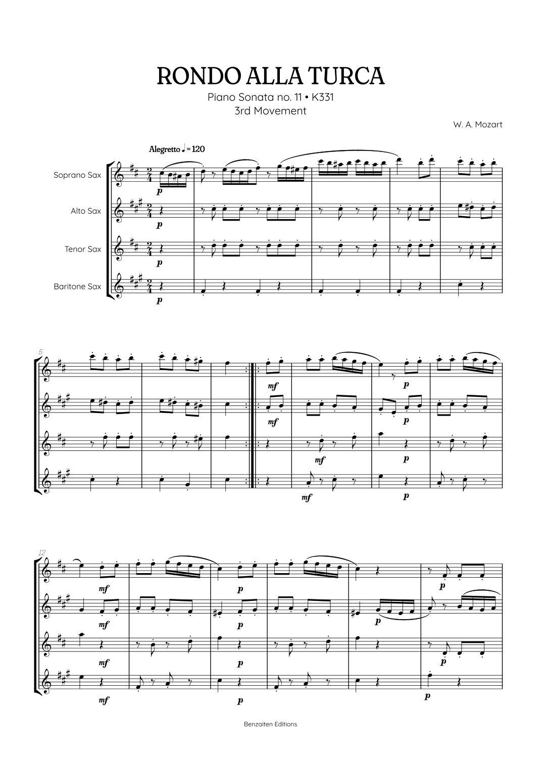 Rondo Alla Turca (Turkish March) | Sax Quartet Sheet Music (arr. Benzaiten Editions)