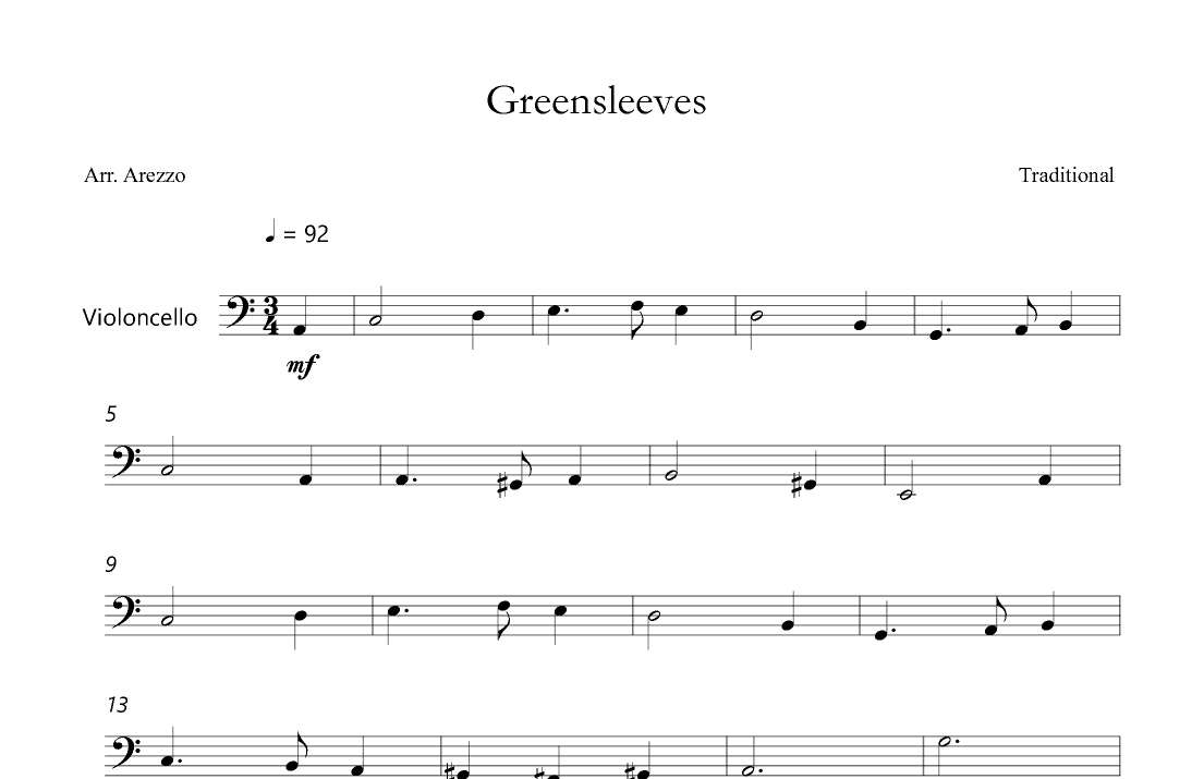 Greensleeves - Lead Sheet for Violoncello (arr. Arezzo Music)