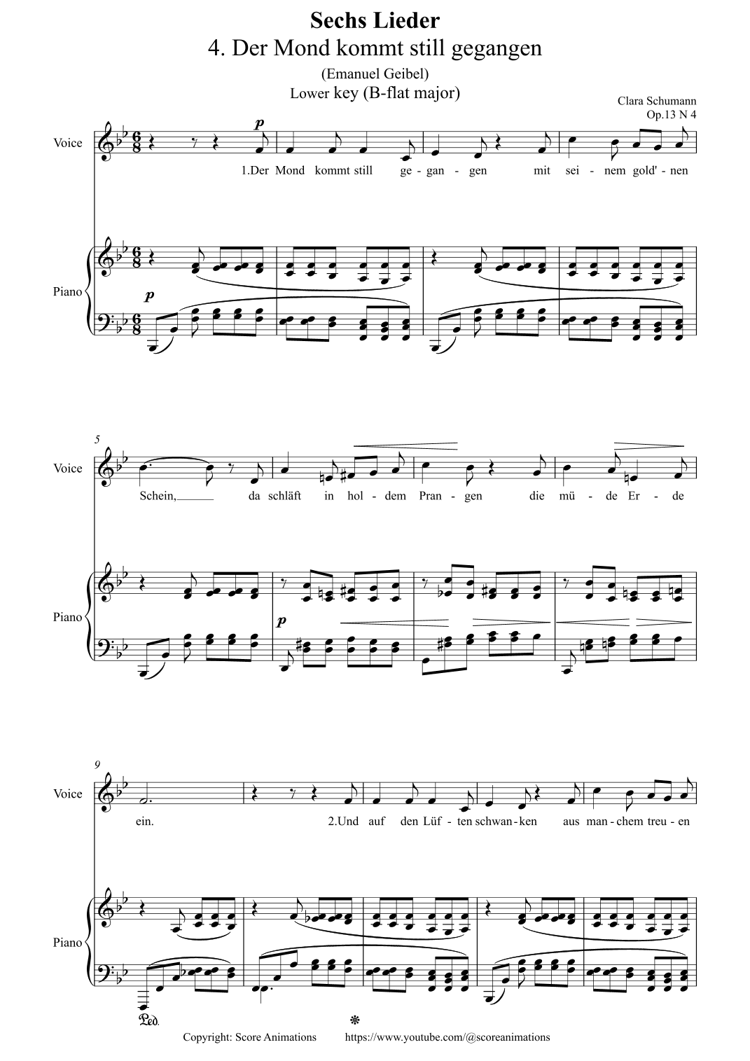 Der Mond kommt still gegangen Op 13 N4 in B-flat major (Lower key) (arr. Score Animations)