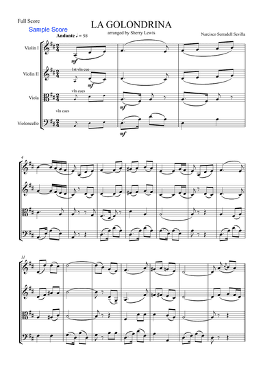 LA GOLONDRINA,Sevilla, String Quartet, Intermediate Level for 2 violins, viola and cello (arr. Sherry Lewis)