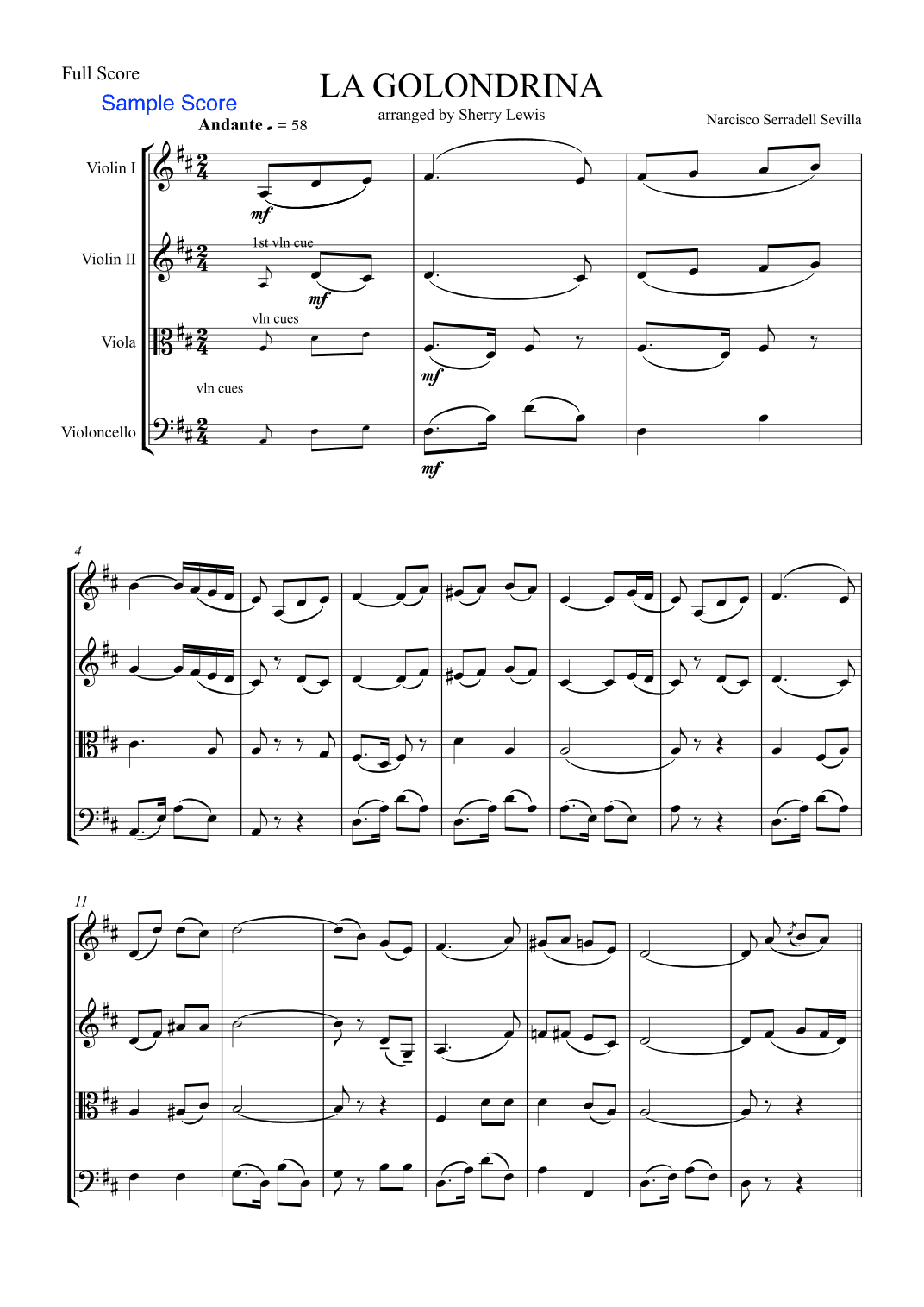 LA GOLONDRINA,Sevilla, String Quartet, Intermediate Level for 2 violins, viola and cello (arr. Sherry Lewis)
