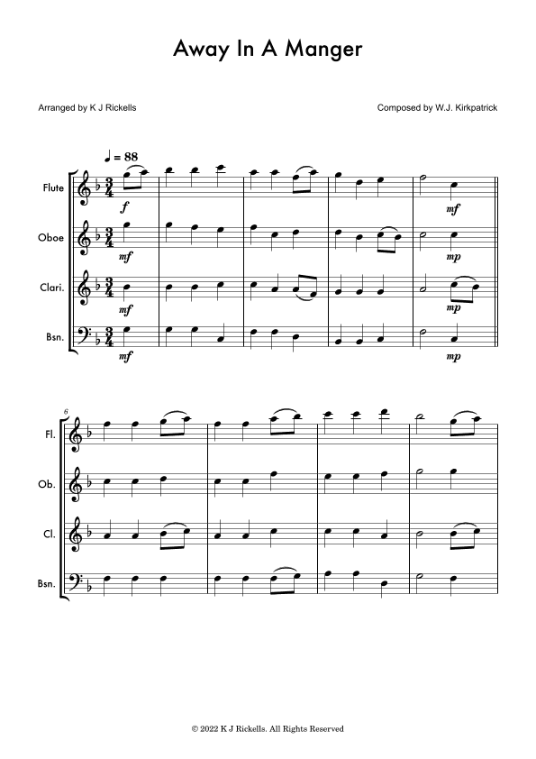 Away in a Manger - Woodwind Quartet (arr. K J Rickells)