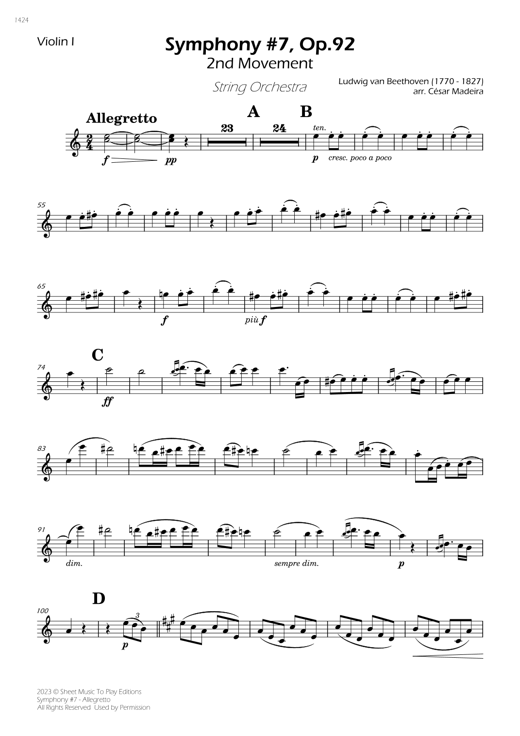 Symphony No.7, Op.92 - Allegretto - String Orchestra (Individual Parts) (arr. César Madeira)
