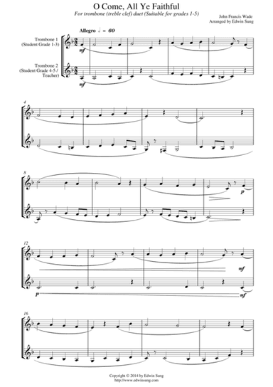 O Come, All Ye Faithful (for trombone duet (treble clef), suitable for grades 1-5) (arr. Edwin Sung)