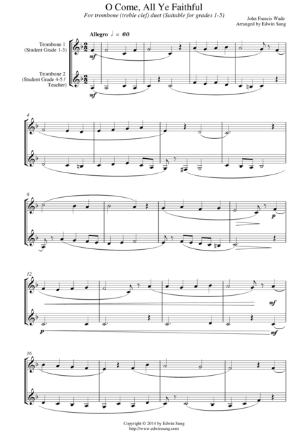 O Come, All Ye Faithful (for trombone duet (treble clef), suitable for grades 1-5) (arr. Edwin Sung)