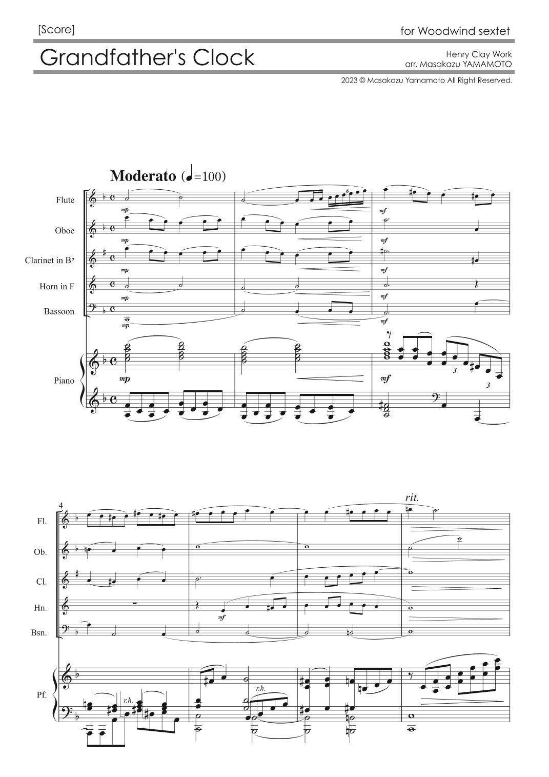 Grandfather's Clock [Woodwind Quintet and Piano] - Score Only (arr. Masakazu YAMAMOTO)