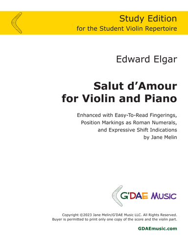 Elgar - Salut d'Amour for Solo Violin and Piano - Study Edition (arr. Jane Melin)