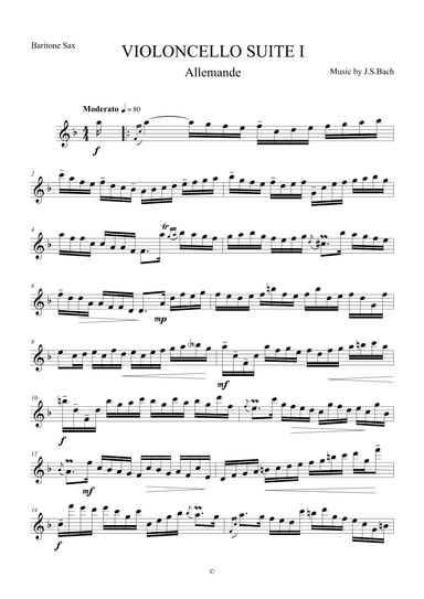 Allemande from Violoncello Suite I by J.S.Bach for Baritone Saxophone (arr. The Sheet Music Library)