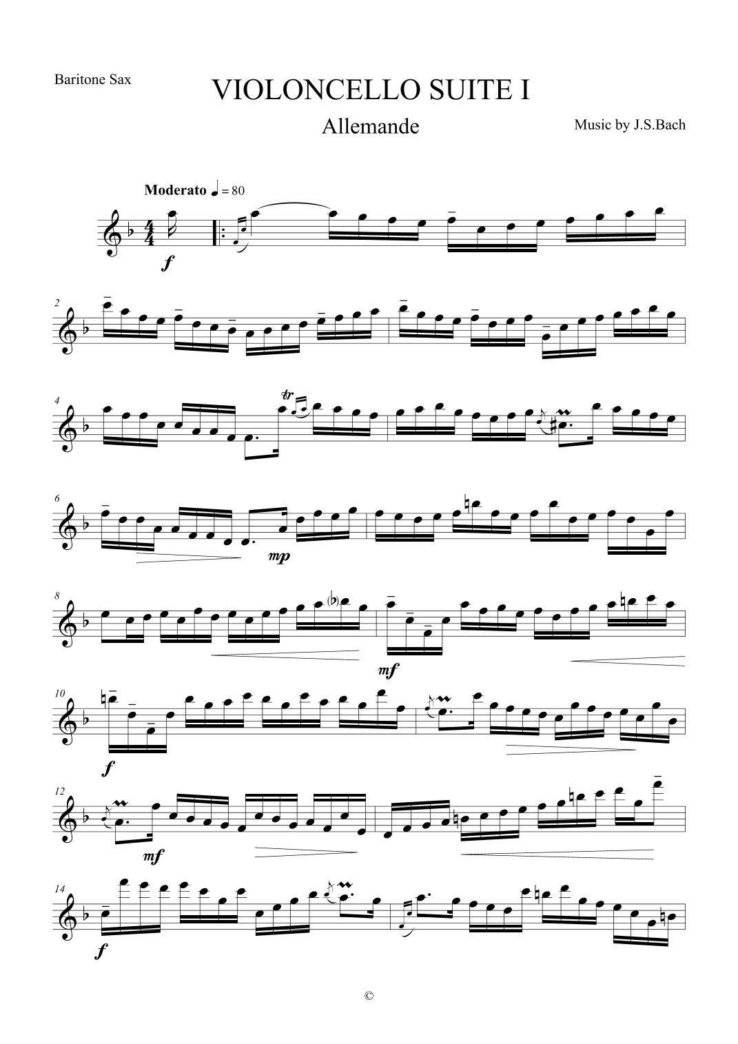 Allemande from Violoncello Suite I by J.S.Bach for Baritone Saxophone (arr. The Sheet Music Library)