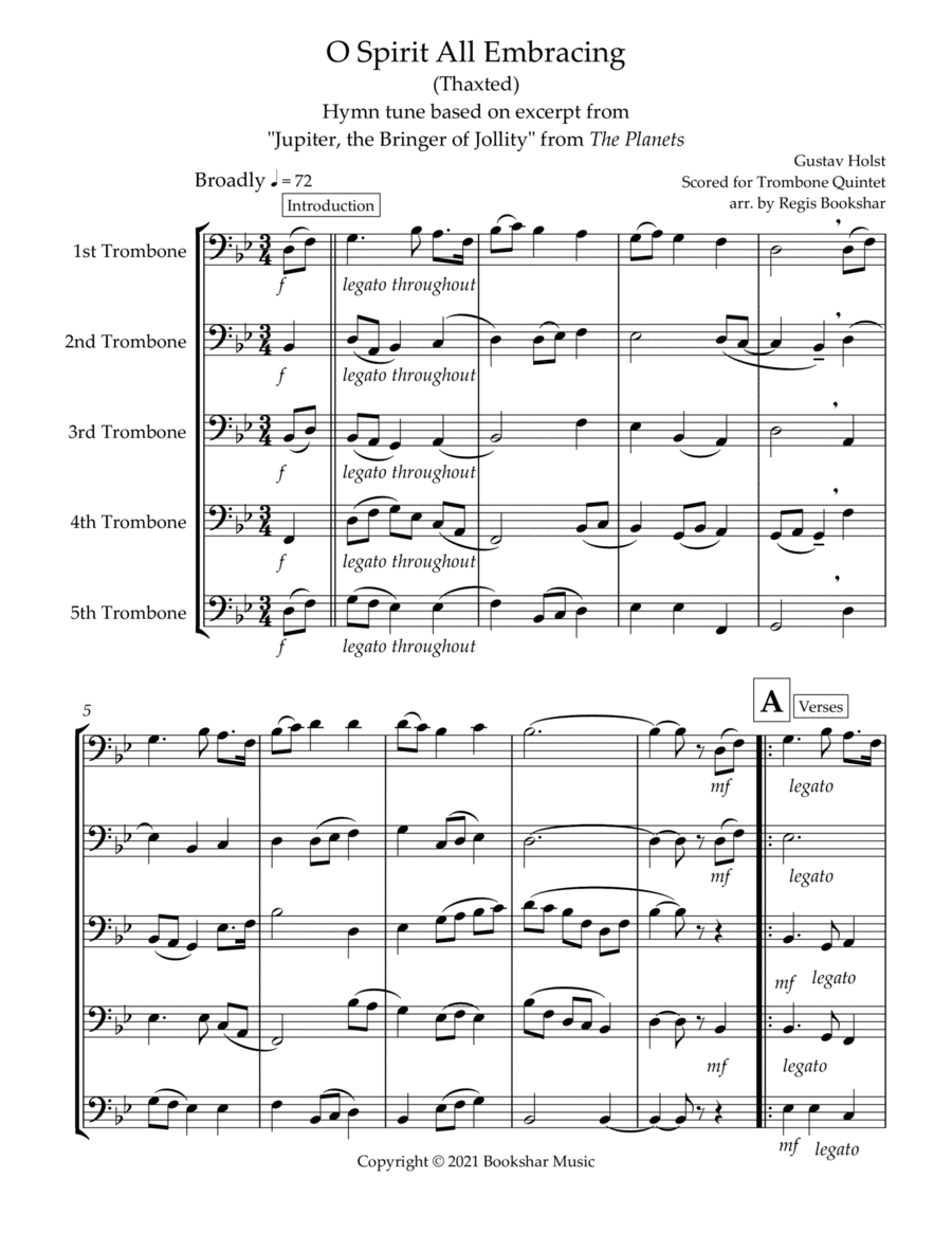 O Spirit All-Embracing (Thaxted) (Bb) (Trombone Quintet) (arr. Regis Bookshar)