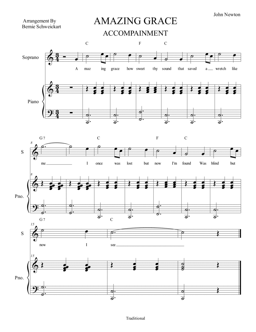 Amazing Grace (Vocal With Piano Accompaniment) In C Major (arr. Bernie Schweickart)