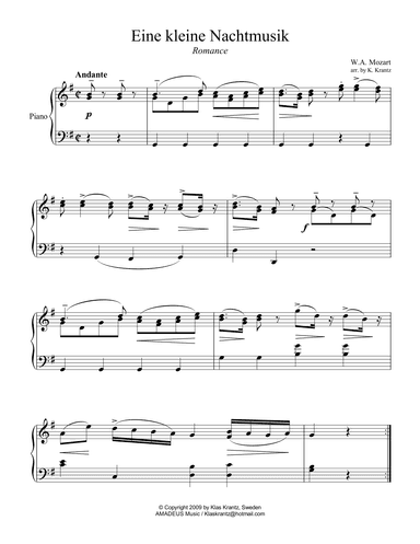 Romance from Eine kleine Nachtmusik for easy piano solo (arr. K. Krantz)