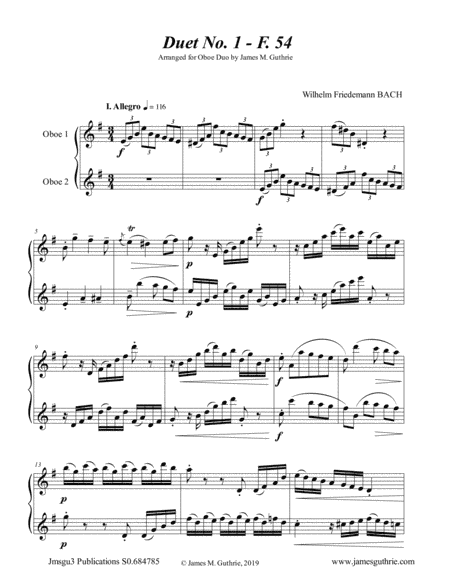 WF Bach: The Six Duets Complete for Oboe Duo (arr. James M. Guthrie, ASCAP)
