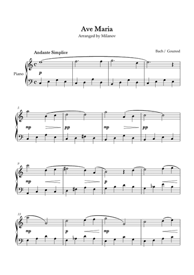 Ave Maria Bach Gounod in C Easy Intermediate Piano (arr. Milanov)